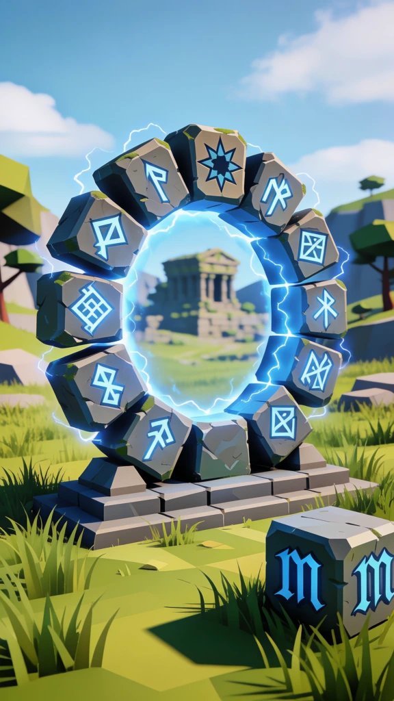 A magical stone portal crackling with blue electrical energy stands in a grassy field before an ancient temple. The portal is composed of fifteen rectangular gray stone blocks arranged in a large ring, mounted on a solid gray tiered base. Seven of these blocks feature glowing blue runic symbols carved into their surfaces, while the top-most stone displays an engraved eight-pointed star symbol. Thin, jagged bolts of bright blue electrical energy arc and swirl around the entire circular structure. In the lower right foreground sits a small, square stone block engraved with a stylized, blue gothic-style "M" on two visible faces. The portal is set in a vibrant green field with a few large, smooth gray boulders on the left. To the right, tall green reeds with brown cattail tops grow along the edge of dark water. Through the center of the portal, an ancient stone temple with fluted columns and a triangular pediment is visible in the middle ground. The background features sparse deciduous trees with green leaves and a blue sky with soft white clouds. This digital 3D rendering uses a low-polygon style with sharp lighting that casts distinct shadows to the left and a high-contrast color palette dominated by the green landscape, gray stone, and electric blue energy.