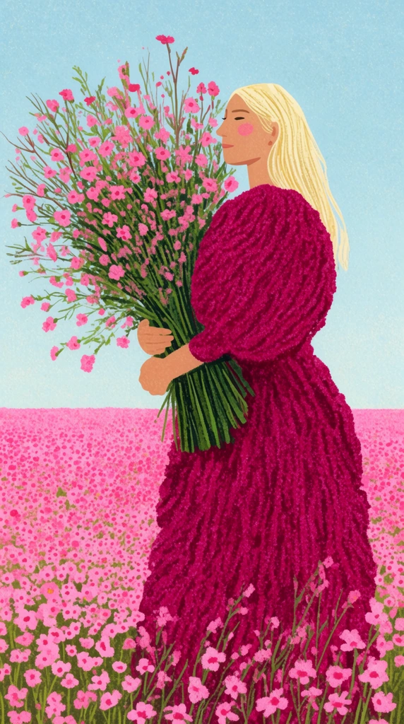 blonde woman holding massive bouquet of pink wildflowers, voluminous textured magenta dress, vast field of pink flowers, light blue sky, textured stylized illustration, stippled painterly aesthetic