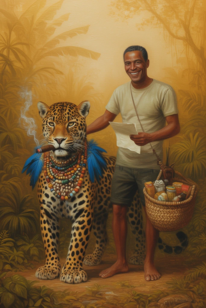 surreal oil painting, smiling barefoot man in t-shirt beside a cigar-smoking jaguar adorned with beads and blue feathers, lush golden jungle, hazy sepia atmosphere, man holding paper, woven basket of provisions, visible canvas texture