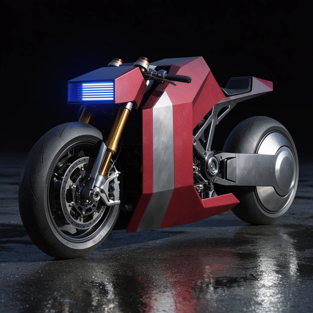 A futuristic cyber-motorcycle features an angular, brutalist fairing in matte crimson and brushed steel. A horizontal slotted LED headlight emits a piercing blue glow. Heavy-duty gold front forks connect to a massive treadless tire with complex silver calipers. The mid-section exposes dark gunmetal mechanical framework. An elongated rear swingarm supports an oversized enclosed wheel with a solid metallic hubcap. The vehicle rests on reflective, rain-slicked asphalt under harsh directional lighting against a pitch-black backdrop, emphasizing its aerodynamic geometry and hard-surface design.