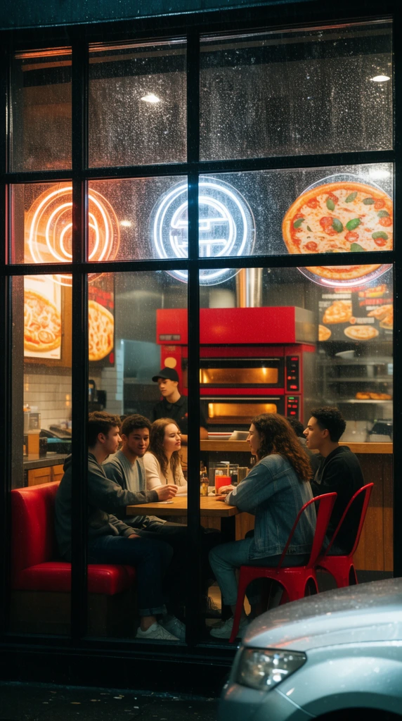 A nighttime street-level view through a rain-speckled gridded storefront window into a brightly lit pizza restaurant. Five young adults in casual clothing sit around a wooden table, engaged in conversation on a red vinyl bench and red metal chairs. Behind them, an employee stands near a large red commercial oven. The glass is adorned with glowing circular neon signs and illuminated food posters. The warm interior lighting contrasts with the cool, dark exterior ambiance. A silver car bumper is visible in the bottom right foreground. Cinematic photography framed by thick black window mullions.