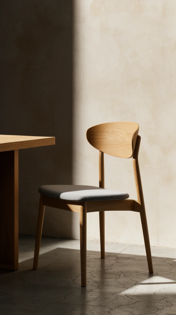 minimalist wooden chair with curved light oak backrest and grey upholstered seat, partial view of thick wooden desk on the left, textured beige plaster wall, sharp vertical shadow dividing the wall into dark and illuminated sections, cracked concrete floor, dramatic directional sunlight, hard cast shadows, warm neutral color palette, clean architectural lines, contemporary interior photography