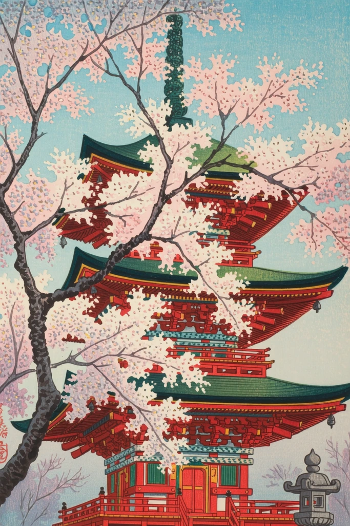 A traditional woodblock print of a vibrant red, multi-tiered pagoda with curved dark green roofs, largely obscured by sprawling cherry trees. Dark, twisting branches dominate the foreground, heavy with dense clusters of pale pink and white blossoms against a soft, textured light blue sky. A grey stone lantern rests in the lower right corner. The artwork blends precise architectural lines with organic floral shapes, utilizing distinct linework and subtle color gradients.