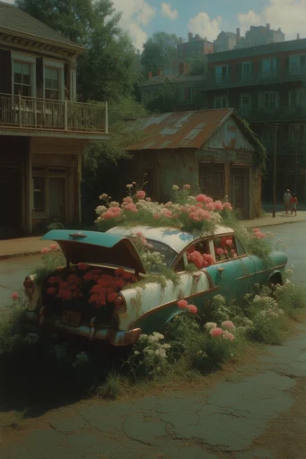 Overgrown Analog Surrealism style reference image — nostalgic color palette