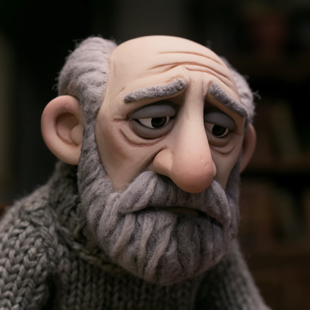 close-up stop-motion puppet of an elderly man, wrinkled pale clay skin, bulbous nose, grey felt beard, chunky grey knit sweater, sad downward gaze, shallow depth of field, dark blurred background, muted lighting