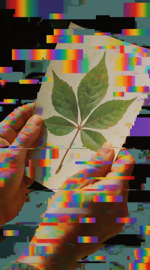 A heavily glitched digital composition featuring a print of a large leaf with five prominent leaflets on a piece of paper held by two hands. The hands grasp the edges of the paper, anchoring the centrally placed five-pointed leaf print. Severe digital artifacting fragments the entire scene, utilizing sharp, rectangular pixel blocks and horizontal displacement. Vivid rainbow spectrum gradients—bands of red, orange, yellow, green, blue, and purple—form stark rectangular intrusions scattered densely across the hands, paper, and background. The composition overlays these hyper-saturated digital glitches onto the highly detailed, warm-toned organic textures of the skin and the printed page. Staggered, jagged cuts slice horizontally through the subjects, generating misaligned, overlapping visual planes. The background consists of disjointed fragments of deep black and muted teal, disrupted by the pixelated corruption. The intersection of realistically rendered organic elements with rigid, 8-bit digital noise establishes a stark glitch art aesthetic.