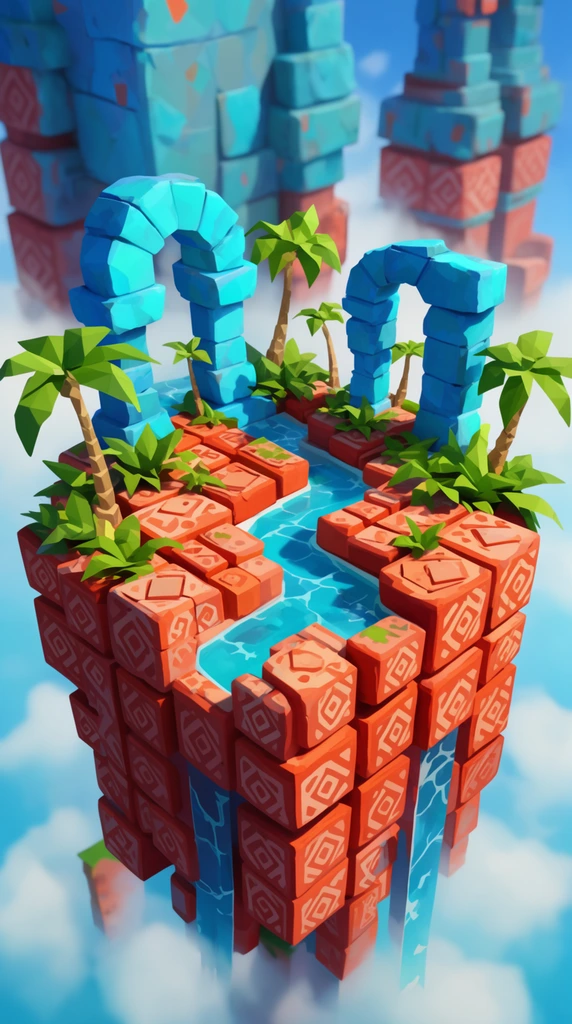 stylized 3D floating island, terracotta patterned cubic blocks, cyan stone arches, winding water channel, low poly palm trees, giant background structures, vibrant palette