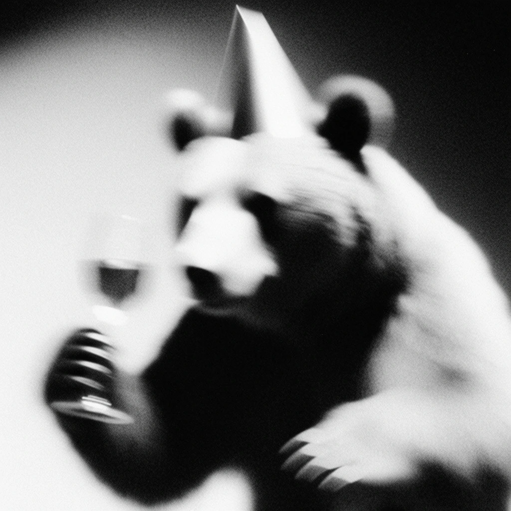 A bear wearing a conical party hat holding a glass, captured in high-contrast black and white photography defined by severe, sweeping motion blur. The physical forms of the bear, the pointed hat, and the glass are heavily softened and distorted by the blur effect, reducing the subjects to smeared, abstract silhouettes with indistinct edges. Blown-out, luminous white highlights starkly contrast with deep, enveloping black shadows across the composition. Heavy, textured analogue film grain permeates the entire frame, adding a gritty overlay to the smooth, out-of-focus elements. The surrounding environment dissolves into an ambiguous, minimalist gradient of stark illumination and dark voids, emphasizing a lo-fi, ethereal, and highly obscured visual aesthetic.