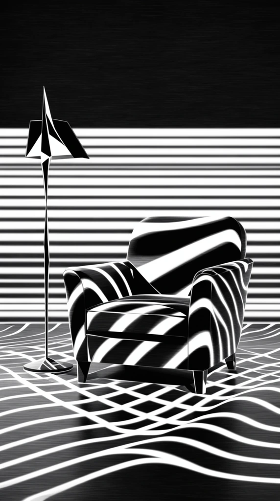 A monochromatic black-and-white composition of an armchair beside a tall floor lamp, rendered in a highly stylized, high-contrast digital aesthetic. The armchair sits prominently in the foreground, its contours defined by deep shadows and sweeping, undulating bands of stark white light wrapping around its pitch-black surfaces. Beside it stands a slender floor lamp characterized by a stark, needle-like vertical stem and razor-sharp geometric angles. The furniture is positioned on a dark plane covered in a warped, fluid network of thick, glowing white lines that stretch and intersect to form a rhythmic, rippling grid. All dark areas across the scene exhibit a subtle texture of fine, parallel linear striations resembling brushed metal or digital noise. Behind the subjects, the background features rigid, alternating horizontal stripes of blinding white and deep black, stretching across the frame before terminating in a solid, unyielding dark expanse. The visual treatment combines crisp, vector-like precision with intense chiaroscuro, utilizing sharp graphic silhouettes and optical-illusion patterns to create a stark, surreal environment.