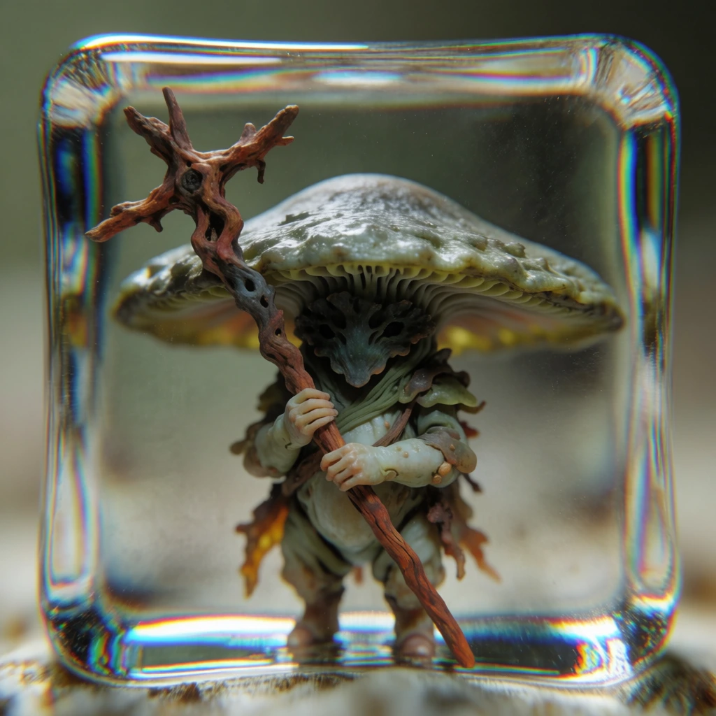 humanoid mushroom creature holding a wooden staff, centered within a thick square glass block frame, extreme edge refraction and prismatic distortion, surrealist macro photography style, muted earthy greens and warm amber lighting, ethereal liquid-like reflections, light bending at the borders, bokeh background of mossy forest textures, high-end cgi aesthetic, soft highlights on organic fungal textures, atmospheric floating particles, intricate staff details, layered visual depth