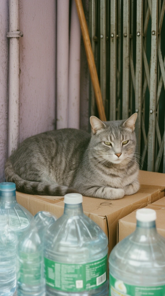 grey tabby cat resting on brown cardboard boxes, clear plastic water jugs with green labels in the soft-focus foreground, feline in sharp focus with tucked paws and relaxed gaze, pale mauve wall, vertical pipes, wooden broom handle, metallic shutter gate in the background, vintage 35mm film aesthetic, prominent film grain, muted color palette, candid everyday snapshot, natural ambient light
