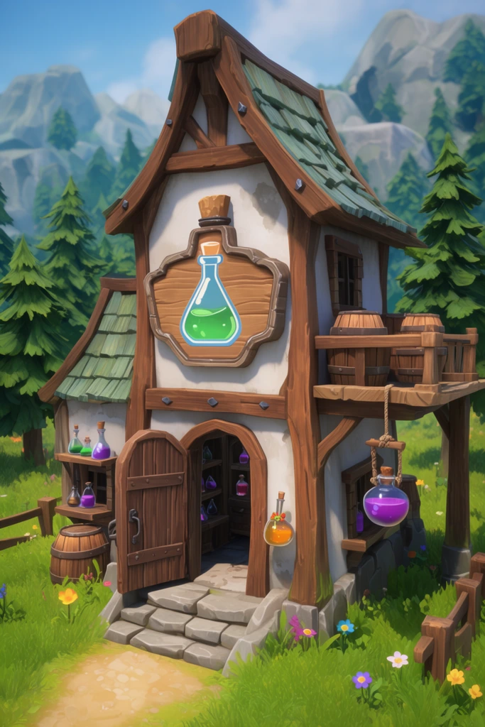 stylized 3D rustic potion shop, white stucco and wood beams, large wooden potion bottle sign, open arched door, wooden balcony with barrels, vibrant green landscape, pine trees, distant mountains, bright daylight, colorful game art style