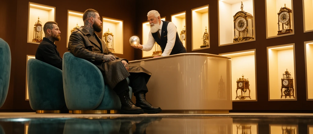 A low-angle cinematic shot of a high-end boutique illuminated by warm, golden light. On the left, two heavily tattooed men sit in plush, rounded teal armchairs with metallic gold bases. The nearest man wears a heavy leather trench coat and combat boots. Behind a sleek, glossy beige counter, an older gentleman with a thick white beard and a tailored dark vest leans forward to present a glowing metallic sphere. The sophisticated space features dark brown walls intersected by recessed, brightly lit rectangular display niches, each showcasing a unique, ornate clockwork device. A dark, highly reflective glossy surface spans the very bottom of the frame, mirroring the warm, polished interior above.