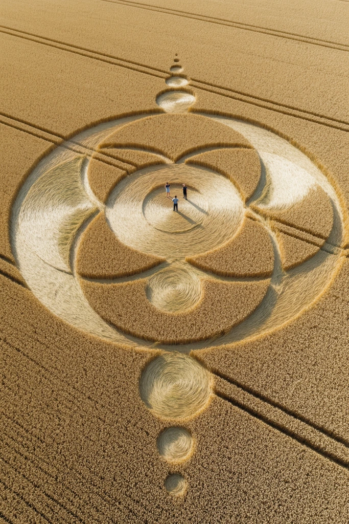 aerial view of a massive crop circle in a golden wheat field, intricate geometric design of interlocking crescents and circles, cascading satellite dots, flattened grain contrasting with standing crops, linear tractor tracks cutting across the landscape, tiny human figures inside a central circle for scale, natural daylight highlighting textured patterns of bent stalks, wide angle drone photography
