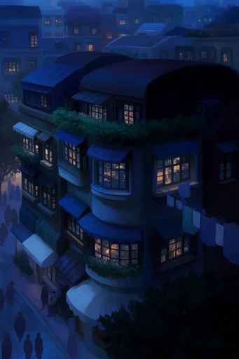 Nocturnal Atmospheric Whimsy style reference image — deep indigo and amber contrast