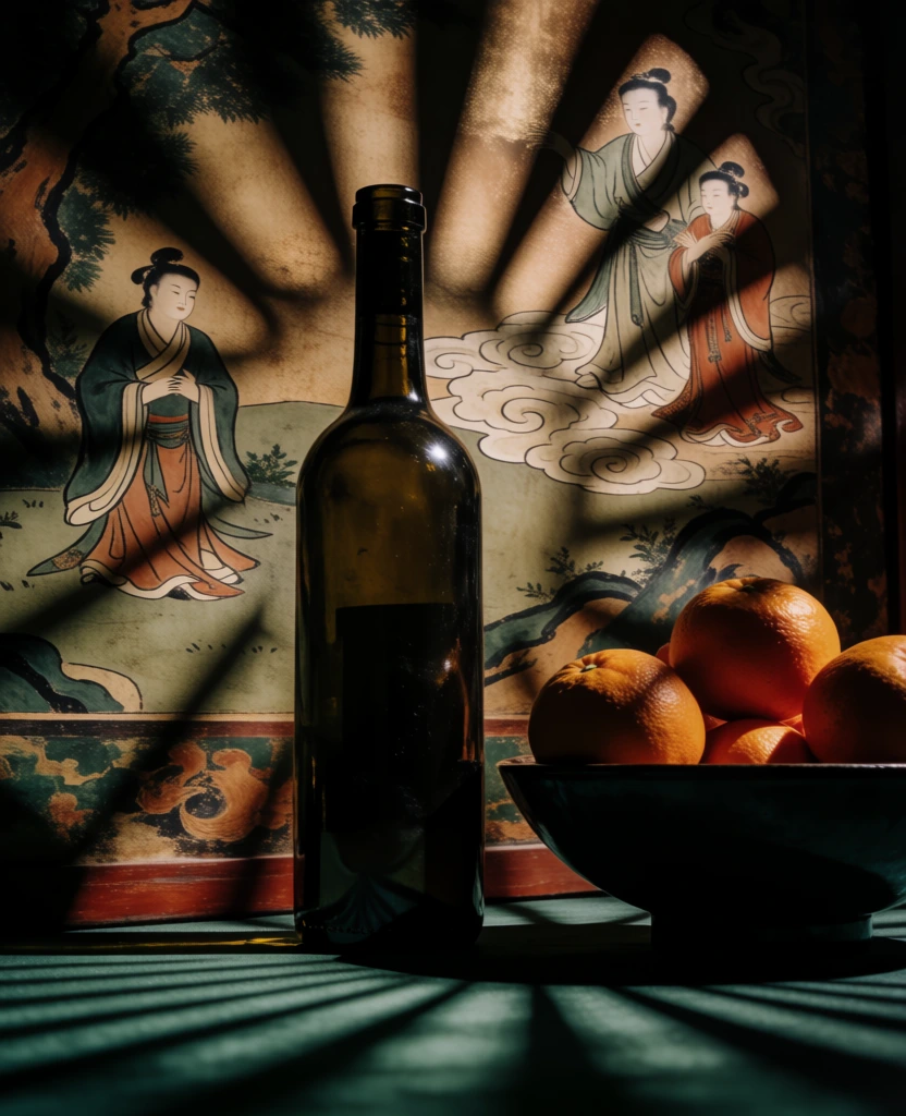 low-angle cinematic still life, dark glass wine bottle next to a bowl of oranges, positioned against a traditional east asian mural background featuring figures and clouds, dramatic high-contrast chiaroscuro lighting, radiating sunburst shadow pattern cast across the subjects, deep forest green and terracotta color palette, moody ethereal aesthetic, vintage film texture, high fashion editorial style, focused on dramatic textures and silhouettes.