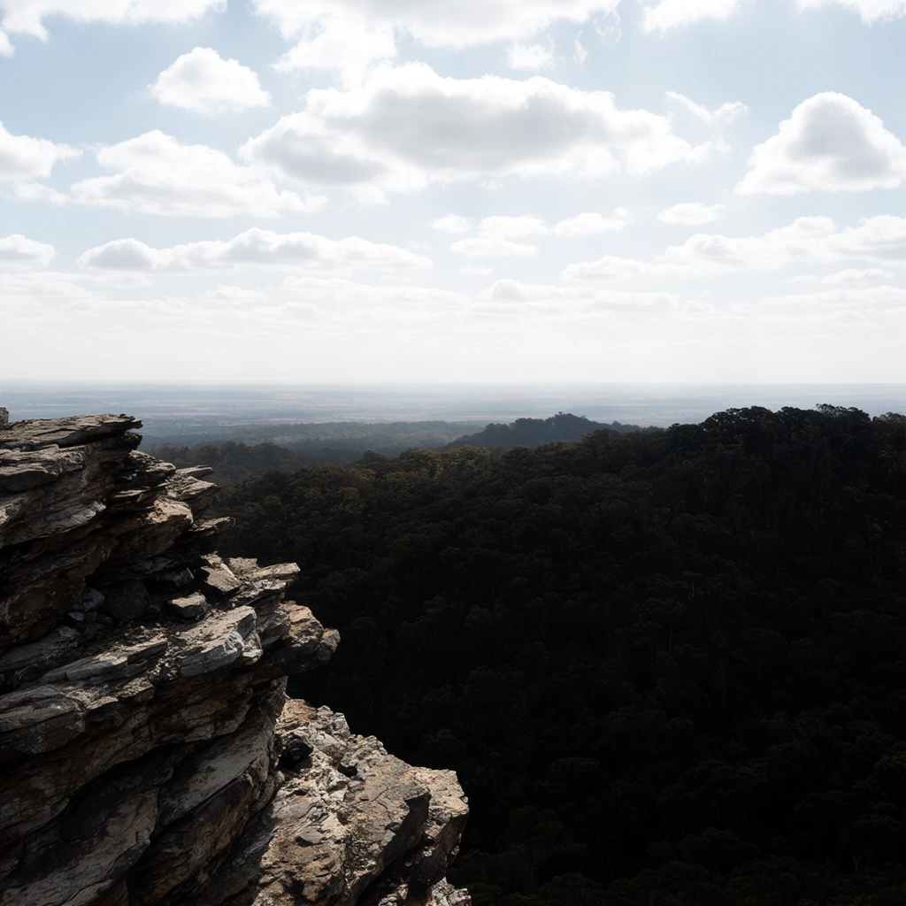 jagged layered rock outcropping in the foreground left, overlooking a vast expanse of dark dense forest on rolling hills, hazy distant flatland stretching to the horizon, pale blue sky filled with scattered puffy white clouds, bright diffused sunlight, stark contrast between shadowy woodland and bright sky, realistic wide-angle landscape photography, deep depth of field, highly textured stone, atmospheric perspective