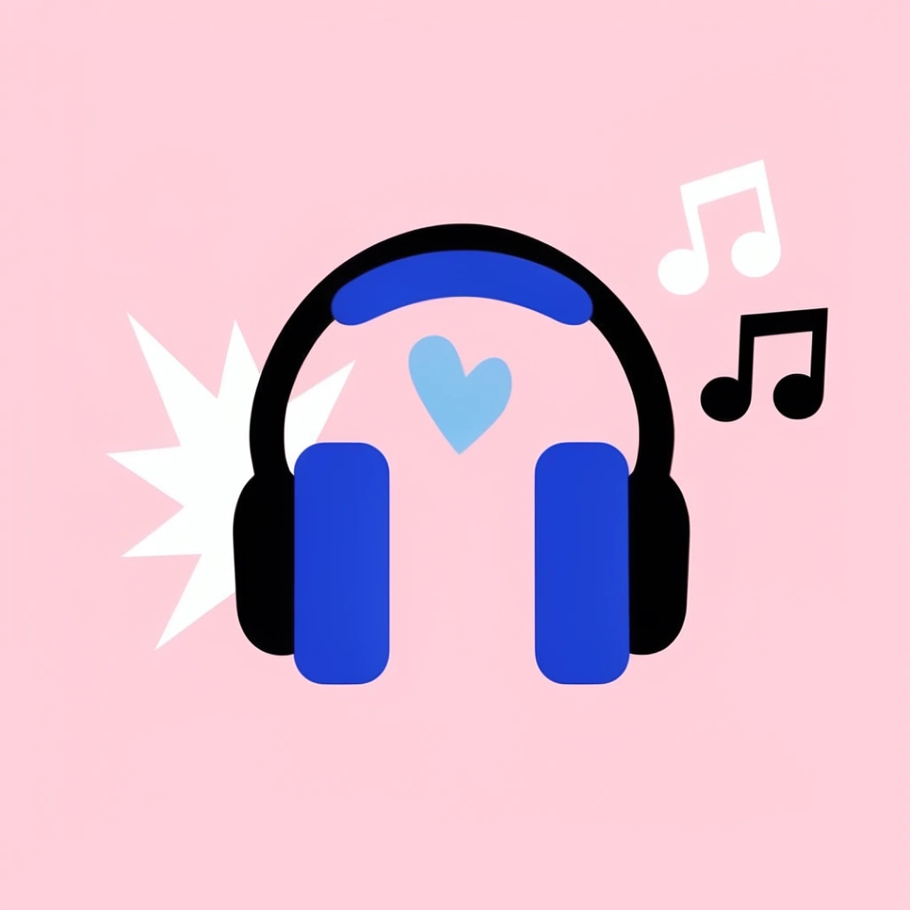 A flat vector illustration features over-ear headphones centered against a solid pastel pink background. The headphones are constructed with a thick black curved frame, vibrant royal blue rectangular earcups, and matching blue padding at the apex of the headband. A stylized, jagged white starburst bursts from behind the left earcup. A small, organic light blue heart floats directly beneath the arch of the headband. To the right of the device, a single white musical note and a black double-beamed musical note drift upwards. The minimalist artwork utilizes smooth, bold, unshaded shapes in a limited color palette, relying entirely on solid flat colors to create a clean, modern graphic aesthetic.
