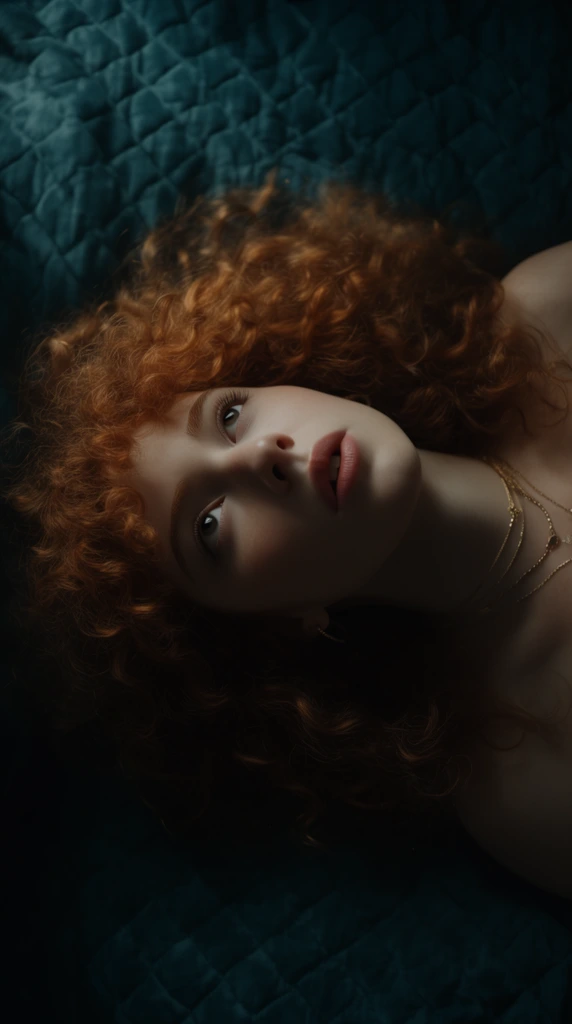 A top-down cinematic close-up portrait of a young woman with voluminous curly copper hair lying on a dark teal quilted bedspread. Soft dramatic light illuminates her pale face, upward gaze, parted lips, and delicate layered gold necklaces against deep shadows, creating an intimate atmosphere with a shallow depth of field.
