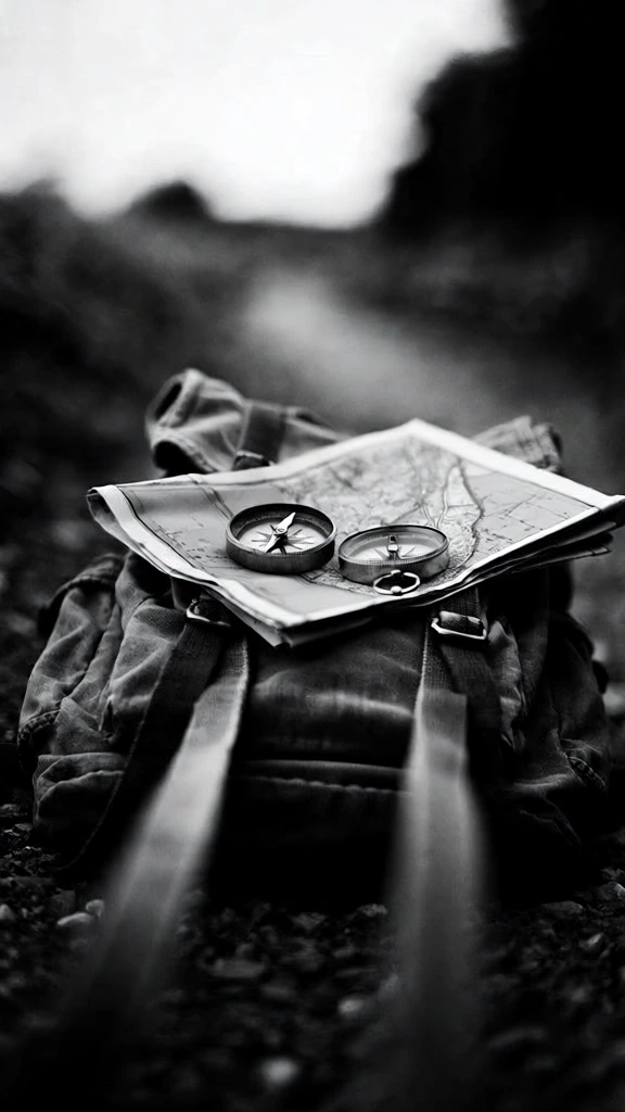 moody black and white aesthetic, low-angle close-up, shallow depth of field with soft bokeh, grainy cinematic texture, high-contrast lighting, weathered canvas backpack on a gravel path, unfolded vintage paper map draped over the bag, two brass compasses on the map, leading lines from rugged straps pulling focus toward the center, nostalgic adventurous atmosphere, rich tactile textures in fabric and paper, monochromatic tones, sharp focus on metallic compass details.