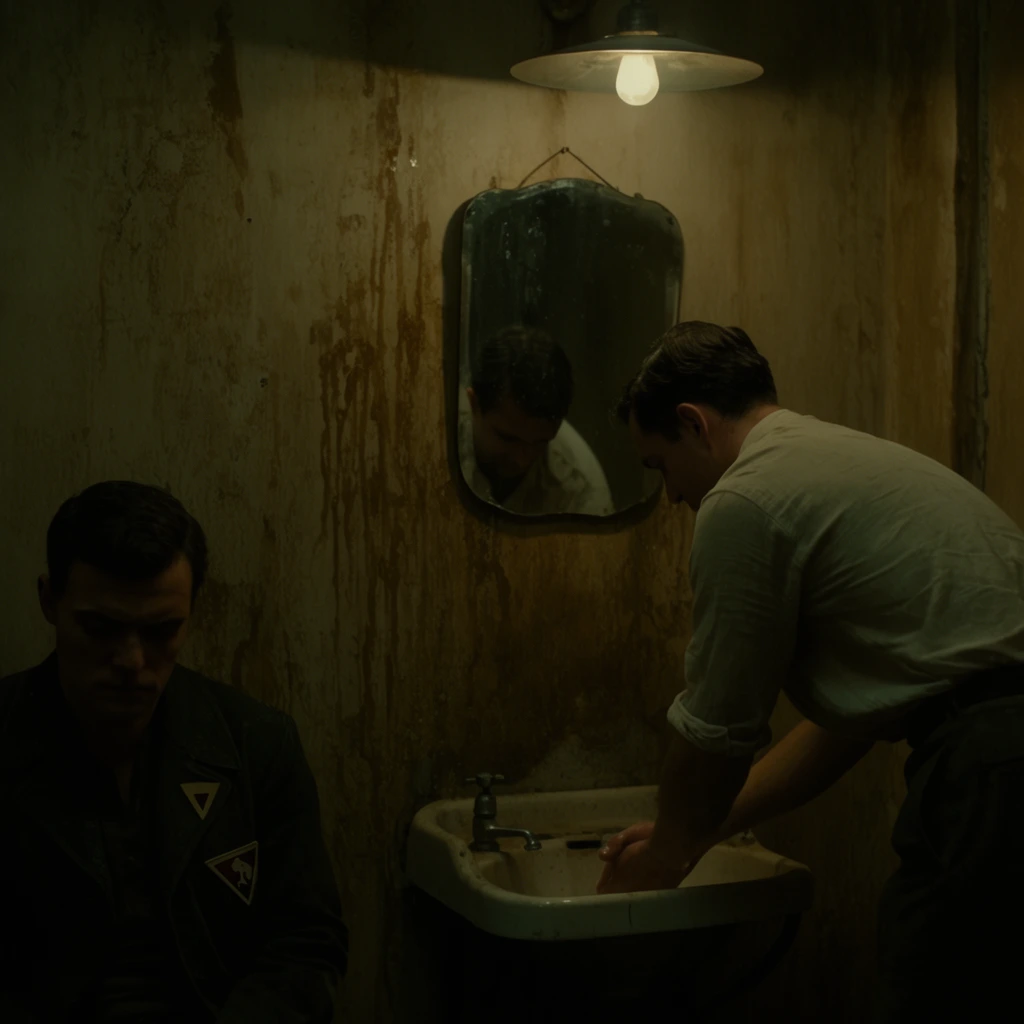 Two men occupy a dilapidated room bathed in a murky greenish-brown cinematic glow. A man in a light shirt leans over a small washbasin, washing his hands beneath a solitary overhead lamp with a shallow metal shade. His back reflects in a crooked mirror on the heavily water-stained wall. To the left, a second man in a dark jacket with a triangular lapel patch sits slumped forward in deep shadow, anchoring the bleak, gritty composition.