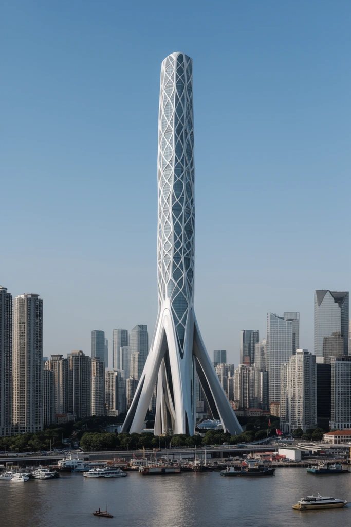 Futuristic slender skyscraper, white diagrid exoskeleton, massive angled base pillars, dense city skyline, river harbor with boats, clear blue sky