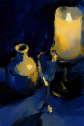 Luminous Nocturnal Chiaroscuro style reference image — deep indigo and amber palette