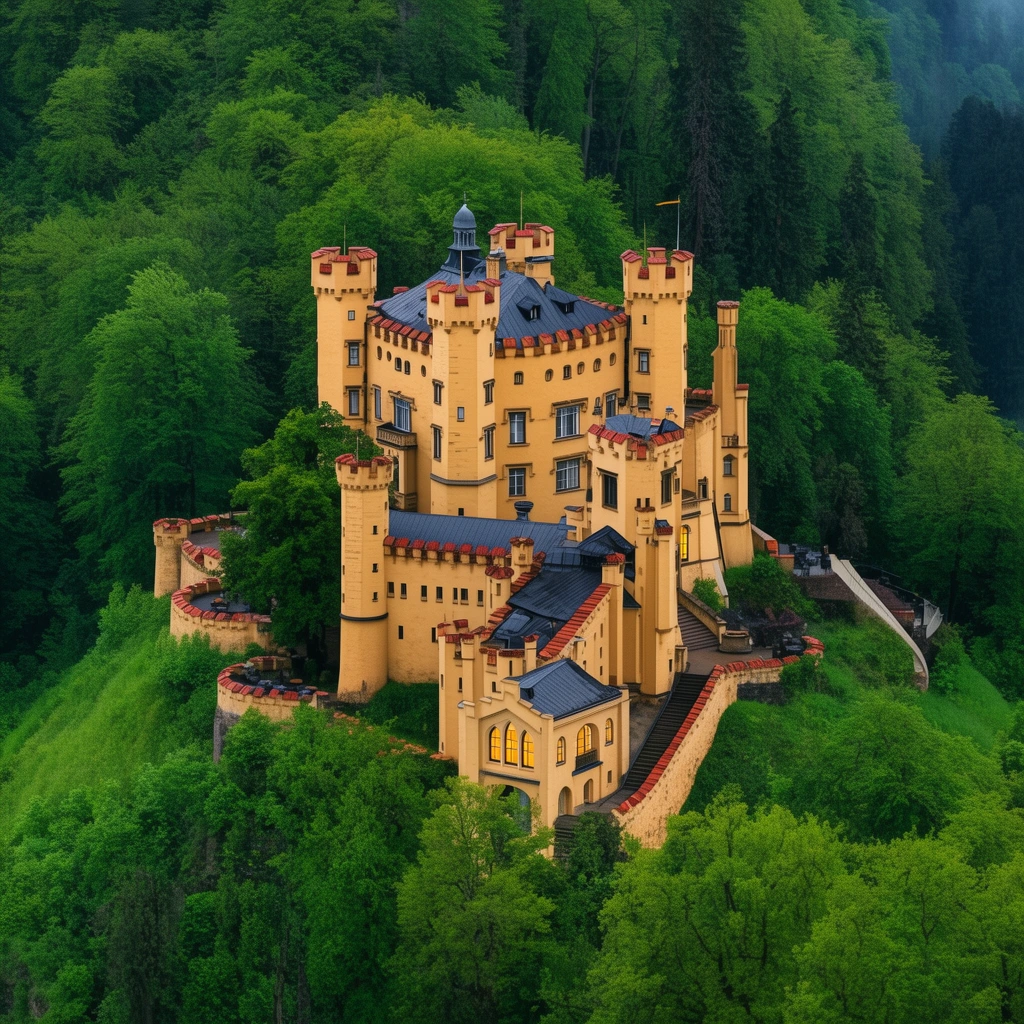 grand yellow neo-Gothic castle nestled in a dense lush green forest, towering turrets, crenellated walls, dark gray steep roofs, warm golden stone facade, illuminated lower windows, steep hillside setting, high angle aerial perspective, rich verdant foliage