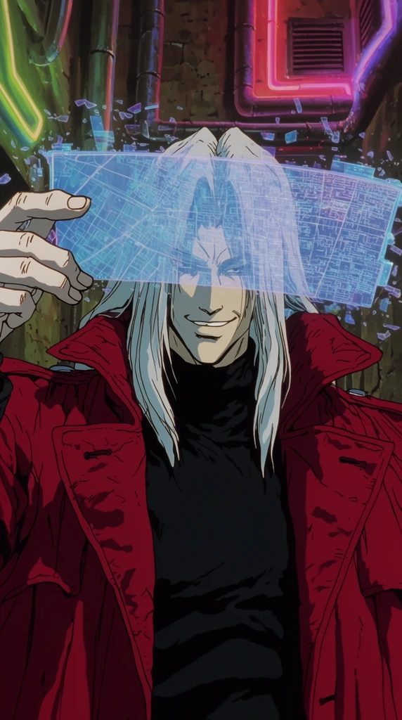 A pale man with long silver hair in a heavy crimson trench coat and high-necked black sweater holds up a wide, glowing holographic map. He raises the semi-transparent blue projection to partially obscure his eyes, revealing a confident smirk. Fragments of digital debris float around the hologram. Behind him, an alleyway features glowing neon pipes and industrial vents. Rendered in a 1990s cel-shaded anime style with flat colors, sharp inked outlines, and dramatic shadow blocking in a cinematic medium close-up.