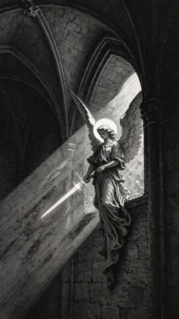 ornate pen and ink illustration, intricate cross-hatching and engraving style, monochromatic black and white, dramatic chiaroscuro, majestic angel with a glowing circular halo, holding a shimmering sword, positioned within a sharp diagonal shaft of celestial light, deep shadowy gothic interior, heavy texture on stone masonry, vaulted arches, fine line work, dark somber atmosphere, detailed flowing drapery, high contrast, etched aesthetic, gothic revival, cinematic composition.