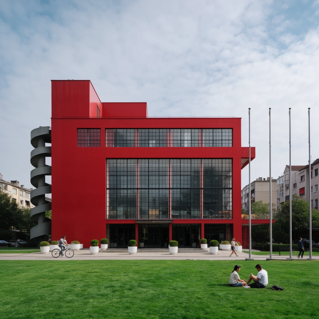 A striking red modernist building stands prominently against a partly cloudy sky, featuring a large multi-pane glass facade and a gray exterior spiral staircase. The geometric structure showcases varied flat rooflines and black-framed grid windows. White planters with small shrubs line the paved entrance. In the foreground, a bright green lawn hosts two people sitting, while a cyclist and pedestrians navigate the adjacent pathway. Four tall flagpoles stand to the right, with muted residential buildings in the background. Crisp architectural photography captures the scene with a wide-angle perspective, natural daylight, and high color contrast between the vibrant crimson architecture and the lush grass.