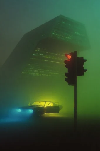 Cinematic Neon Noir style reference image — wet asphalt reflections