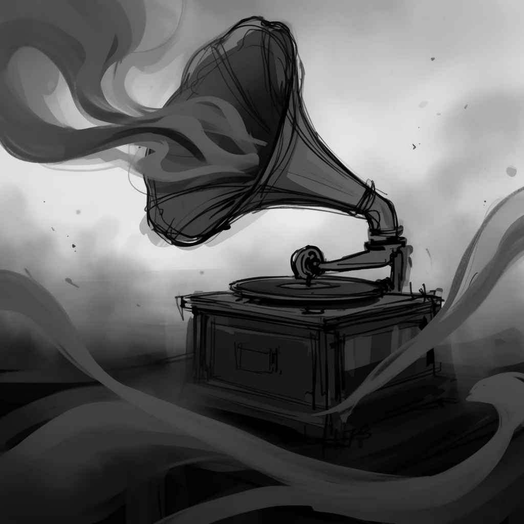 A classic gramophone with thick, swirling smoke billowing from its wide, flared horn, depicted in a monochromatic grayscale digital sketch style. The vintage music player serves as the central focal point, constructed with loose, expressive digital brush strokes and rough, dark charcoal contour lines overlaid onto flat tonal blocks. Sinuous, sweeping tendrils of dense smoke stretch across the foreground and midground, guiding the eye dynamically through the composition. The environment is immersed in a dense, hazy fog, utilizing stark atmospheric perspective where the dark, heavily shadowed foreground elements fade into pale, washed-out grays in the background. Small, scattered airborne particles drift through the gloomy, overcast atmosphere. The rendering technique emphasizes a raw, unpolished concept art aesthetic, characterized by sketchy linework, unrefined edges, and a stark, moody gradient of black and gray tones.