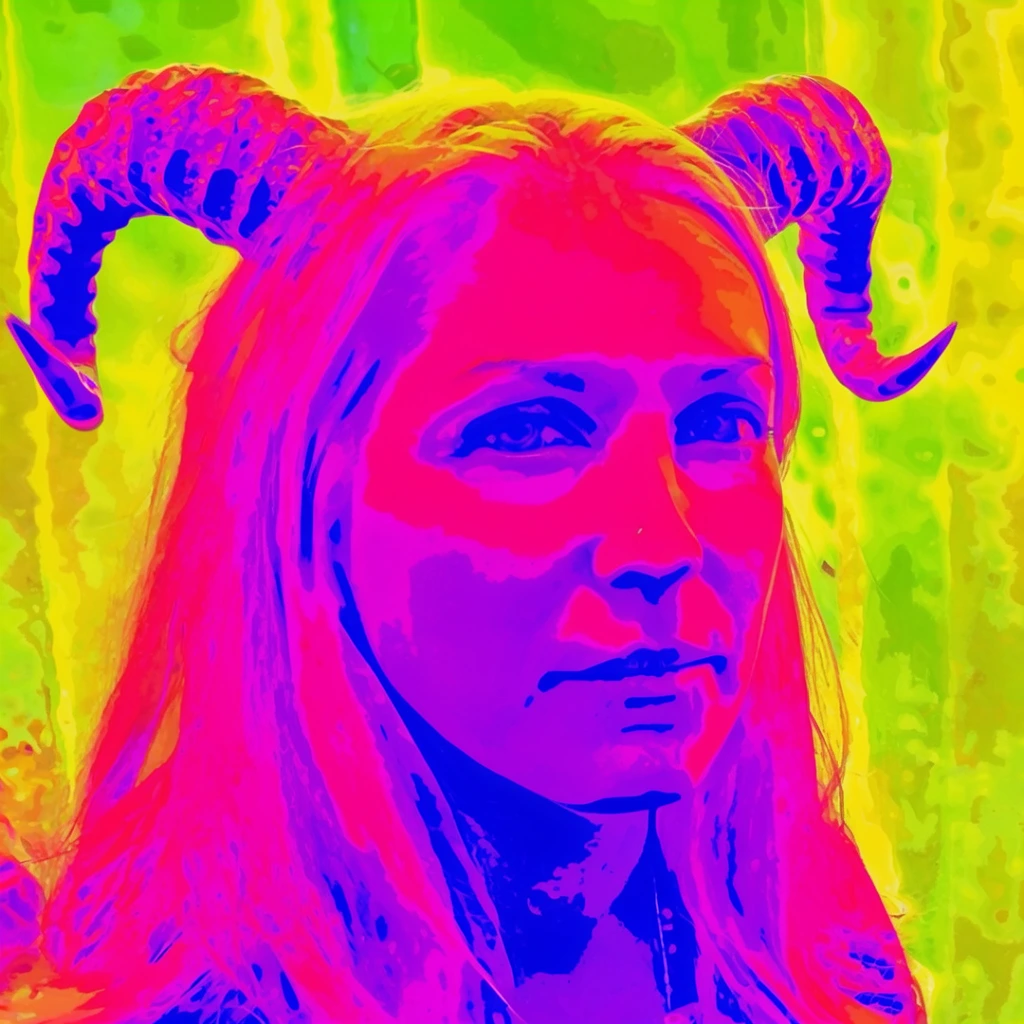 A close-up portrait of a woman with prominent horns on her head, rendered entirely in a hyper-saturated, psychedelic false-color thermal imaging aesthetic. The woman's face, hair, and curving horns dominate the foreground, mapped in intensely vivid neon magenta, bright fuchsia, and deep purple. The shadows defining her facial features, neck, and the textured ridges of her horns are cast in sharp, electric blue and dark violet. She is set against an abstracted, highly textured background composed of blinding neon lime green, chartreuse, and acid yellow, creating a stark, high-contrast separation between the subject and her environment. The visual treatment mimics an extreme infrared thermographic camera effect with heavy posterization, utilizing flat, graphic bands of hypersaturated neon color and bold, digital painterly manipulation to create a surreal, intensely vibrant atmosphere.