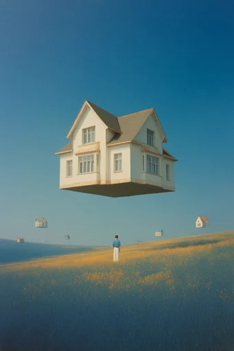 Minimalist Surrealist Dreamscapes style reference image — levitating objects