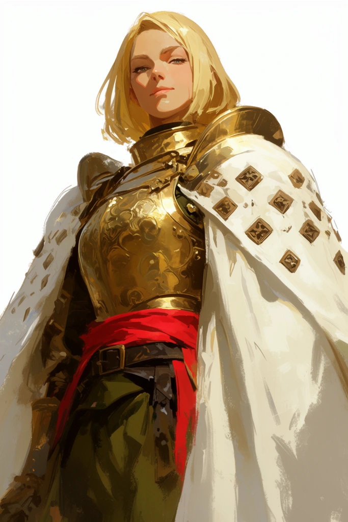 A stoic female knight in ornate golden armor and a voluminous white mantle stands against a stark white background in this painterly digital illustration. Viewed from a heroic low angle, she features shoulder-length blonde hair and a confident expression. Her polished golden plate armor is detailed with embossed patterns, partially covered by a thick white cape adorned with bronze geometric studs. A bright crimson sash wraps her waist above a dark leather belt and olive-green clothing. The brushstroke technique blends sharp metallic highlights with loose, sketchy edges. Strong upper-left lighting casts crisp shadows across her face and heavy fabric folds.