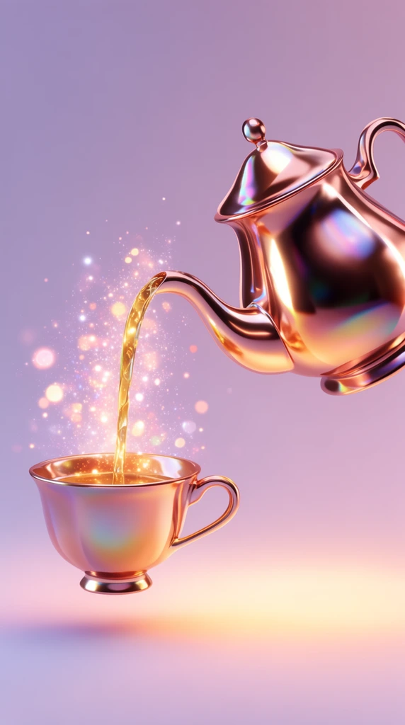 A floating metallic rose-gold teapot pours golden liquid into a suspended matching teacup against a smooth pastel purple and peach gradient background. Luminous bokeh and glowing stardust erupt around the pouring stream. The highly polished 3D render features iridescent surface reflections and soft warm lighting casting a gentle floor glow beneath the levitating objects.