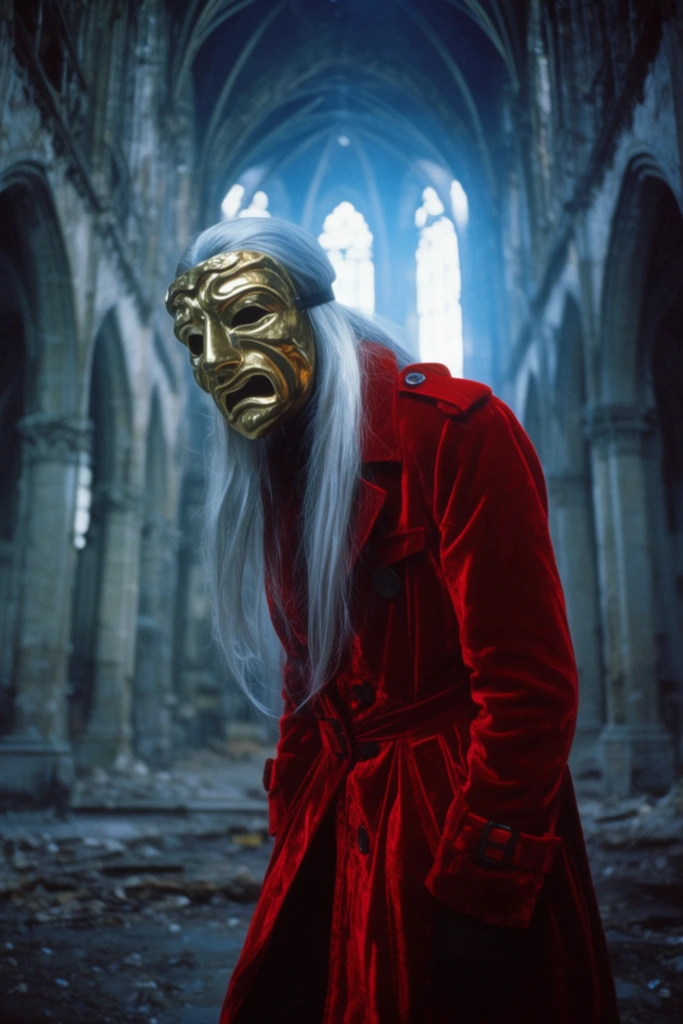figure wearing a golden theatrical tragedy mask, bright crimson velvet trench coat, long silver hair, hunched posture, abandoned gothic cathedral interior, towering stone pillars, shallow depth of field, cool ethereal blue moonlight, 35mm film aesthetic