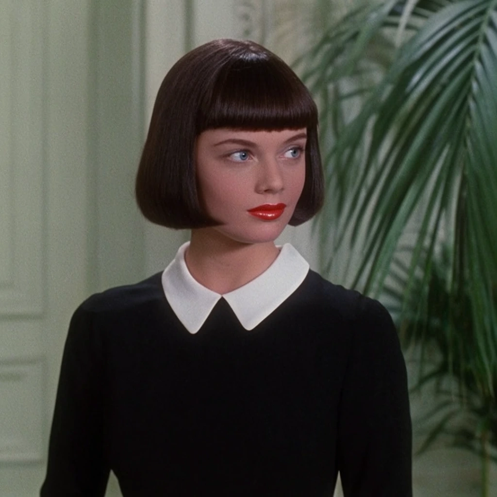 A young woman with a blunt dark brown bob and a stark white collar on a black dress glances sideways in a softly lit interior. She has fair skin, vivid blue eyes, and glossy bright red lipstick. The cinematic medium shot is framed at eye level, employing soft, diffused lighting and a subtle vintage film grain. Her geometric hairstyle and crisp clothing contrast sharply with the muted, defocused background. The blurred setting features pale greenish-white paneled walls and the drooping green fronds of a large indoor palm plant positioned on the right side.
