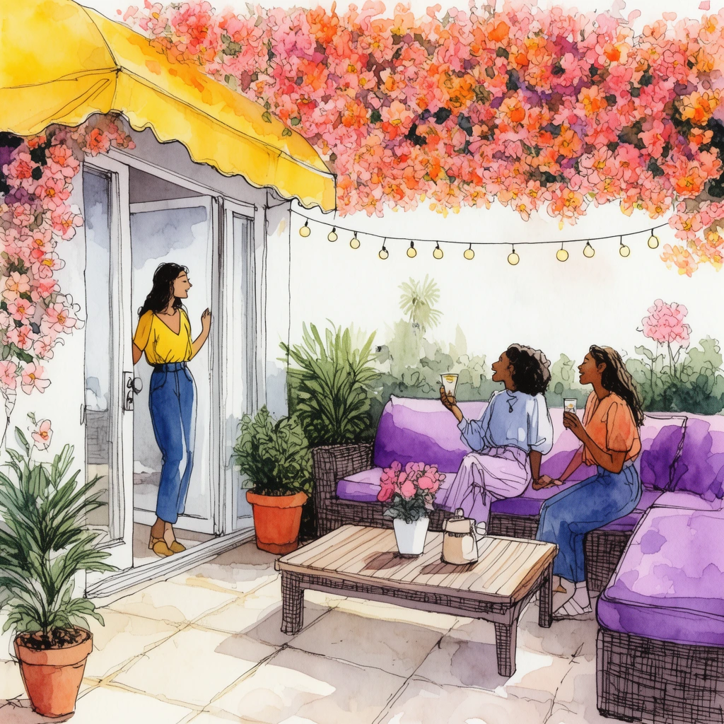 A whimsical watercolor and ink illustration of three women on a sunlit patio beneath a sprawling canopy of pink and orange blooms. Delicate linework and warm color washes depict a woman in a yellow top standing in an open glass door, looking at two friends chatting by a plush purple outdoor sofa. String lights, potted plants, and a yellow awning complete the cozy scene.
