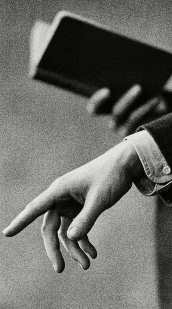 A close-up, high-grain grayscale photograph of an expressive hand gesture. A hand reaches diagonally downward from the right edge, wrist elegantly bent and fingers gently splayed. The arm wears a light-colored dress shirt with a visible buttoned cuff beneath a dark outer sleeve. In the softly blurred background, another hand grips a dark, solid rectangular object resembling a book. The vintage composition employs heavy film noise, high contrast, and a shallow depth of field to isolate the graceful geometry of the foreground hand.