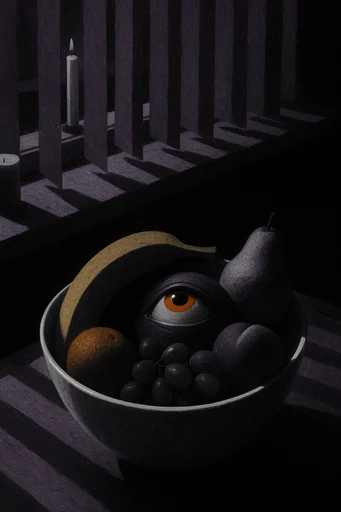 Stark Monochromatic Surrealism style reference image — heavy film grain