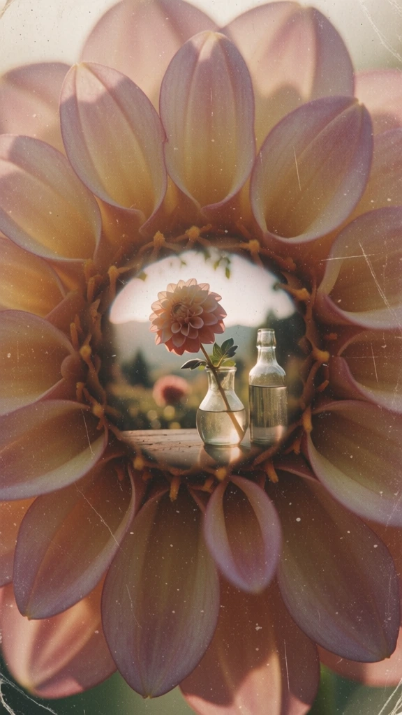 macro shot of a dahlia flower, where the circular center acts as a surreal window into a scene featuring a dahlia in a vase and a glass bottle, 1970s analog film aesthetic, heavy grain, worn vintage photograph texture with scratches and dust, muted sepia and dusty pink palette, soft hazy lighting, dreamlike nested composition, extreme close-up, nostalgic and tactile aged paper quality.