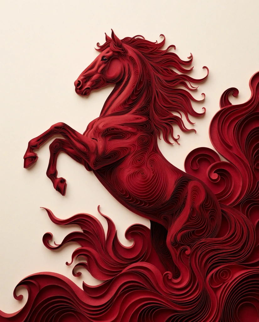 rearing horse emerging from swirling abstract forms, monochromatic deep crimson subject on a solid cream background, intricate 3D topographical linework, continuous fluid contour ridges, textured relief sculpture aesthetic, muscular equine build with raised front legs, flowing mane blending into organic flame-like waves, striking visual rhythm, highly detailed paper quilling style, pristine lighting highlighting raised sculptural textures