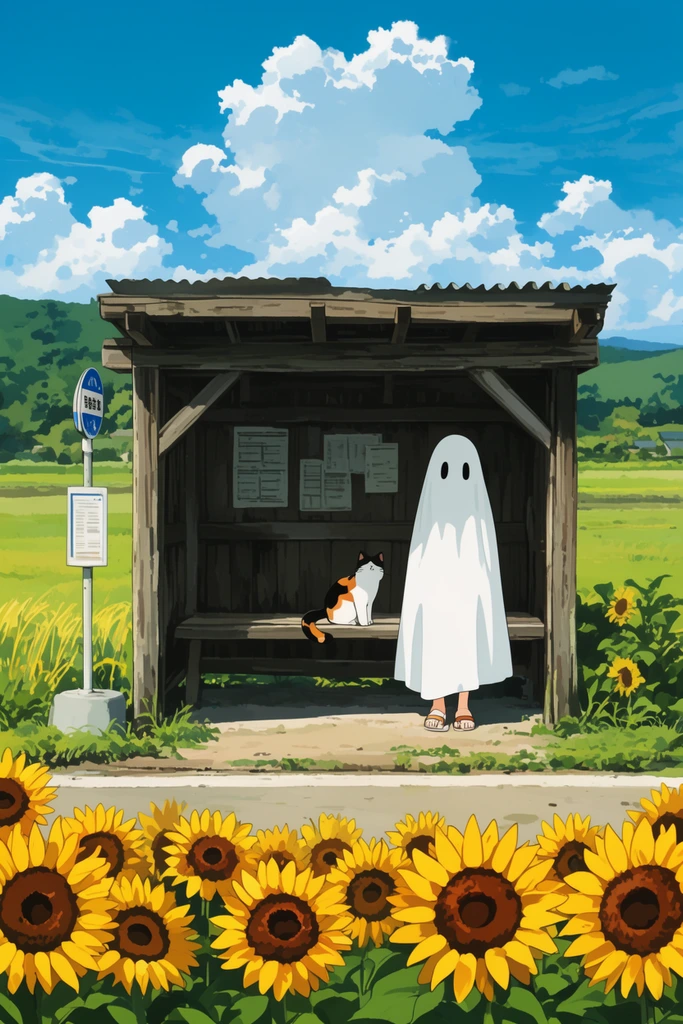 figure in white ghost sheet, calico cat on bench, rustic wooden bus stop shelter, foreground sunflowers, rural summer countryside, vibrant anime style