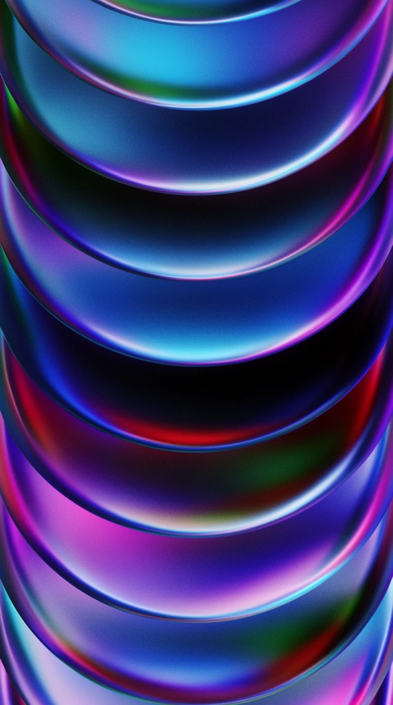 abstract composition of stacked overlapping crescent shapes, downward cascading curved layers with convex surfaces, deep recessed shadows between horizontal tiers, vibrant iridescent gradient palette, deep metallic blue, bright cyan, glowing neon purple, magenta, subtle emerald green and crimson accents, smooth polished material with a luminous metallic sheen, bright specular highlights along the upper rims of each curve, heavy uniform film grain overlay, digital noise texture, ambient neon illumination, 3D digital rendering, macro perspective filling the entire frame, high contrast abstract texture