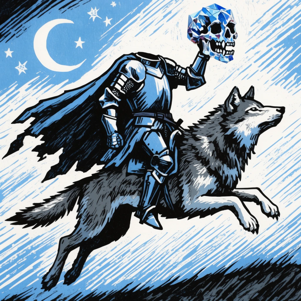 A headless armored knight riding a leaping timber wolf holds a crystalline skull aloft. A tattered cape billows behind the mid-air rider. Rendered as a bold black, light blue, and white woodblock print, thick contour lines and heavy diagonal hatching emphasize rapid forward momentum against a stylized sky featuring a crescent moon and stars.