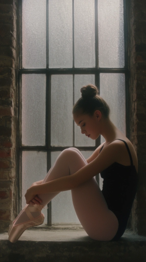 young ballerina sitting in profile on a window sill, knees drawn up, arms resting on shins, downward gaze, black leotard, pale pink tights, pink pointe shoes, hair in a high bun, tall industrial window background with dark metal framing, frosted rectangular glass panes, dimly lit exposed brick walls, soft diffused backlighting, semi-silhouette, moody cinematic atmosphere, muted color palette, heavy film grain, soft focus, centered composition