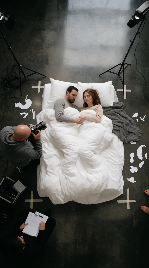 A direct bird's-eye view of a studio photoshoot featuring a man and woman in a plush white bed resting on a dark polished concrete floor. The couple lies beneath a thick white duvet near a grey blanket and scattered white cut-out shapes. A bald photographer in a grey hoodie aims his camera from the left, accompanied by a seated crew organizing documents. Tall black lighting stands, audio equipment, and white tape marks frame the crisp white linens, highlighting the stark contrast and dramatic top-down composition under diffused lighting.