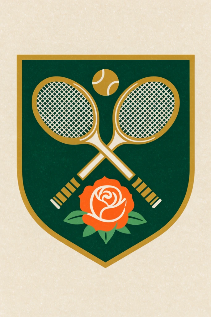 A flat, retro-style heraldic shield emblem centered on a grainy beige background. The forest green shield features thick mustard gold outlines enclosing two diagonally crossed vintage tennis rackets and a tennis ball. A vibrant, stylized orange rose with green leaves anchors the base of the crossed racket handles. The design utilizes clean geometric shapes and a limited vintage color palette with a printed, textured finish.